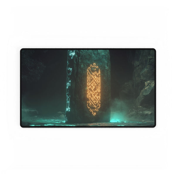 Monolith Glowing with Sacred Runes — XL & XXL Desk Mat — Gaming & Workspace Desk Setup View