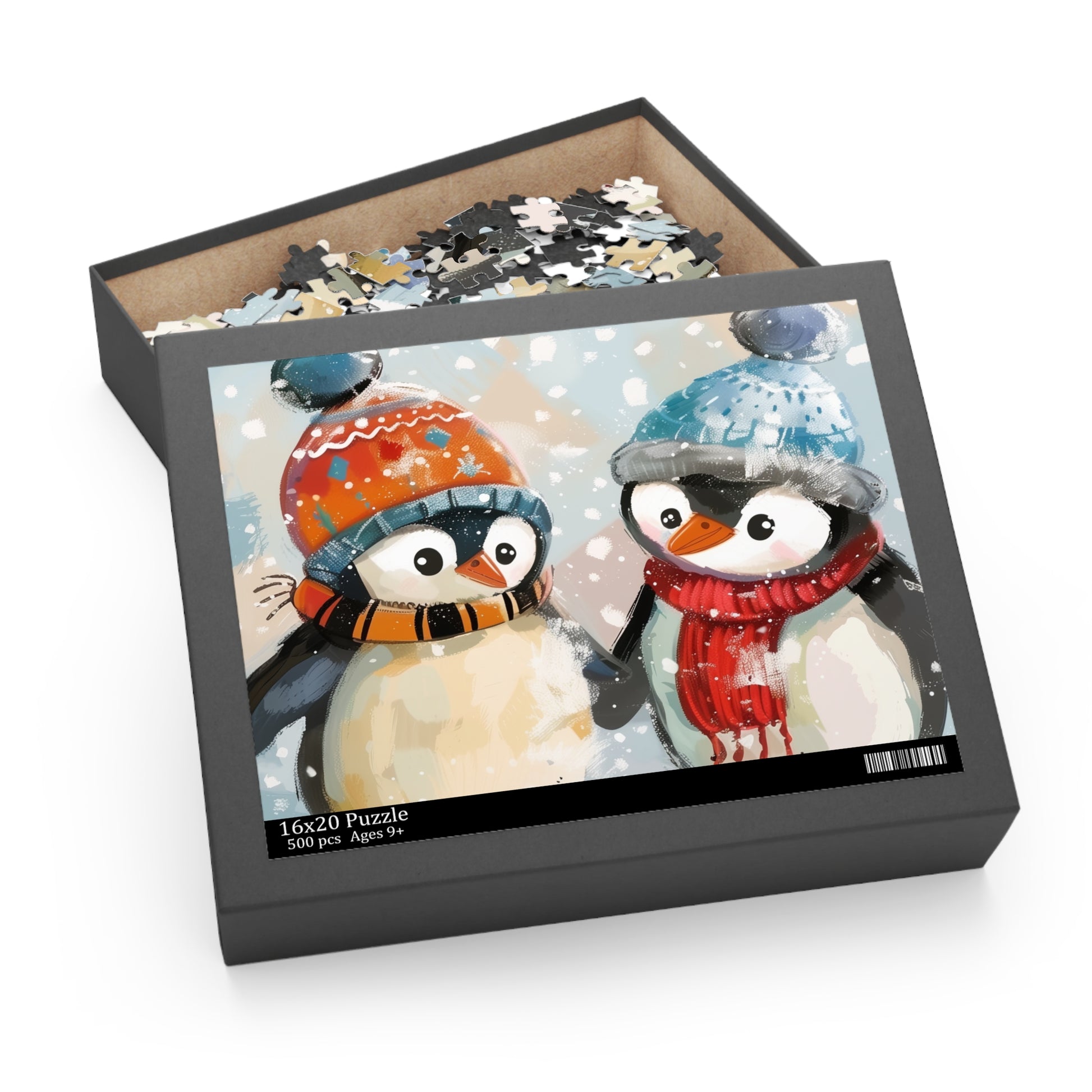 "Winter-themed Penguin Pals jigsaw puzzle with cute penguins in hats and scarves, fun indoor activity for all ages"