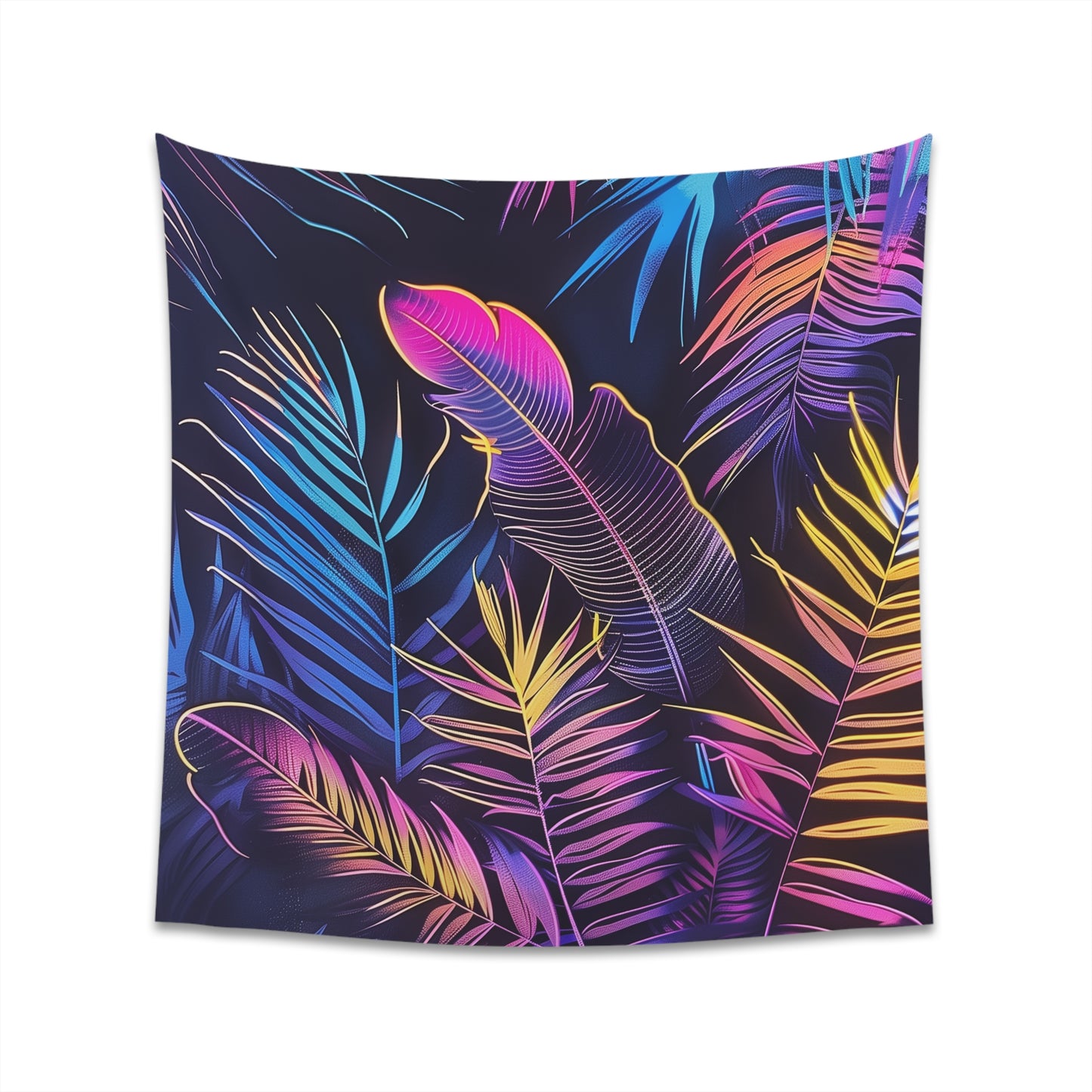 Neon Tropical Tapestry: Lush Palm Trees & Exotic Leaves in Dazzling Glow