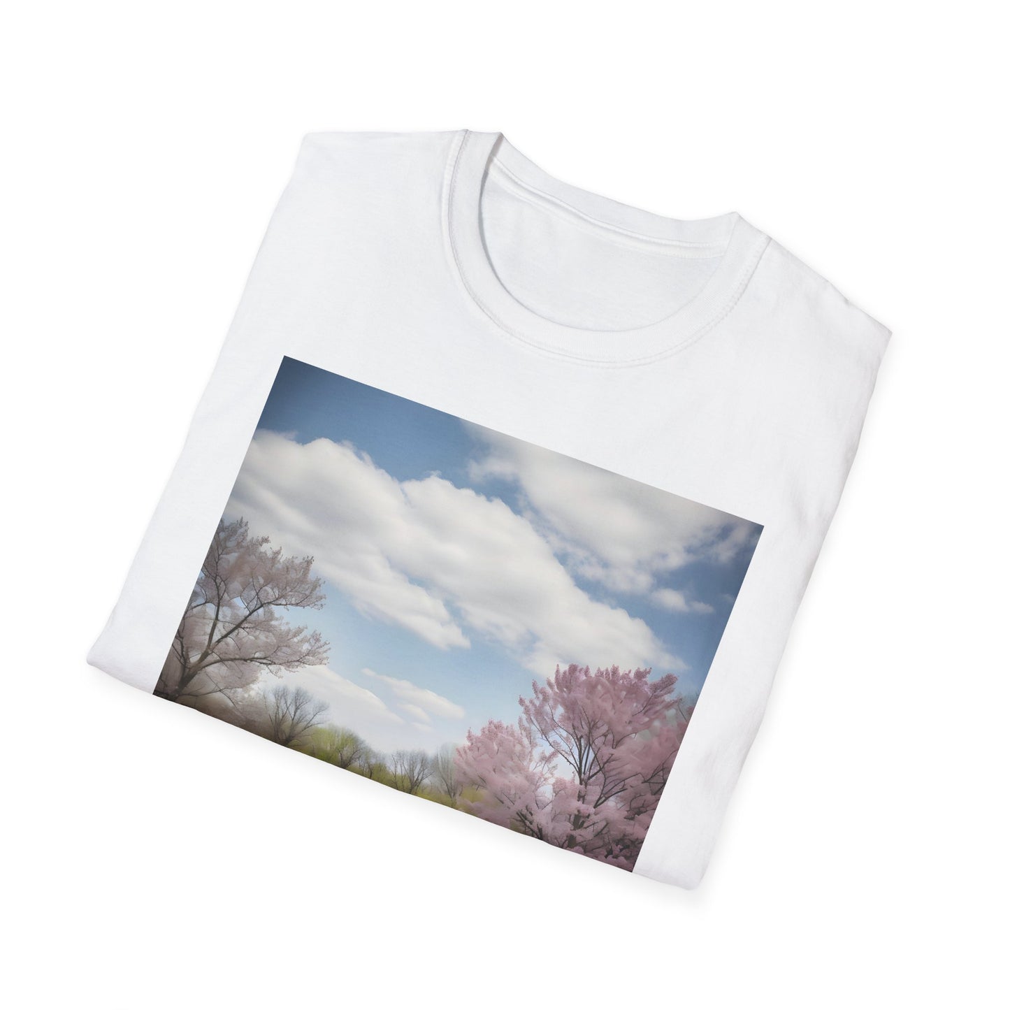 "Nature-themed T-shirt featuring vibrant park scene with families and spring blooms - A Canvas of Joy in Nature's Embrace"