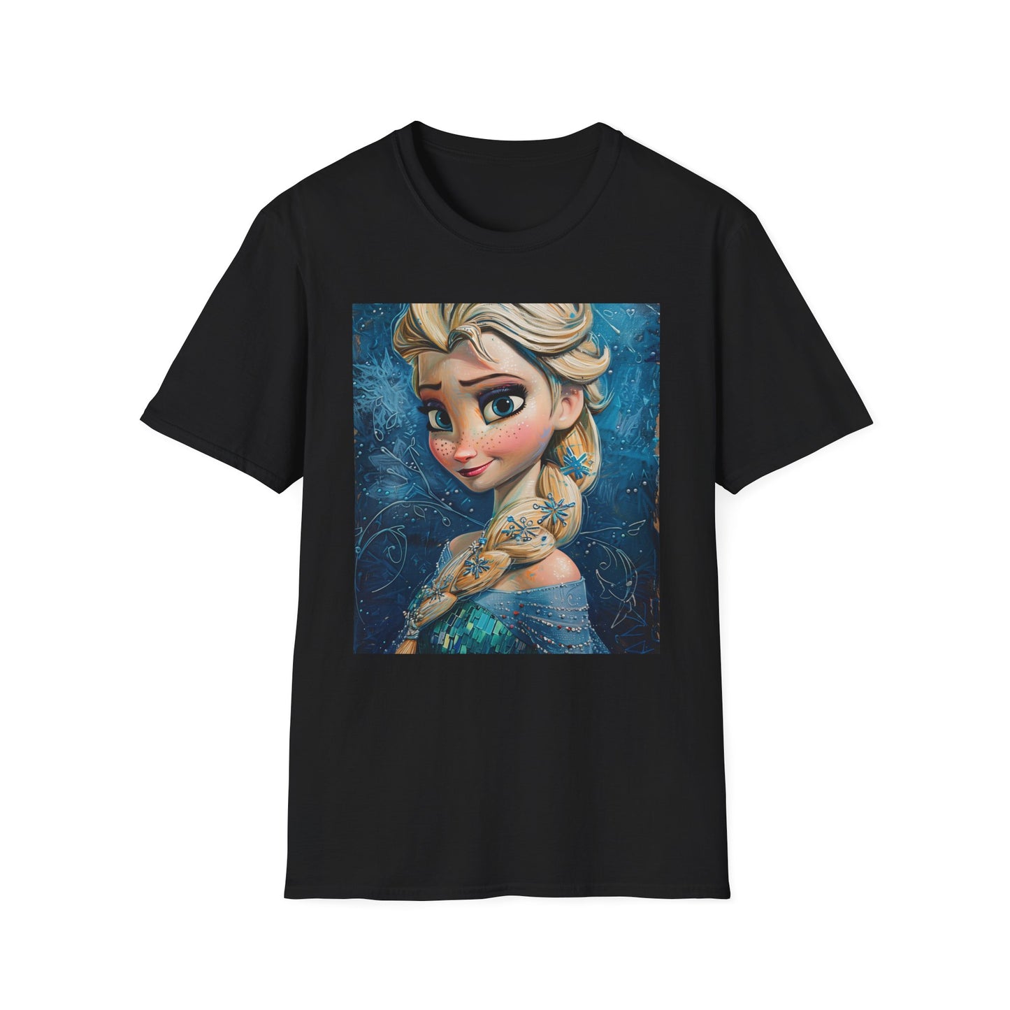 Frozen Majesty: The Enchanting Embrace of Elsa | T-Shirt | Arendelle's queen, Disney's princess, Elsa's art, Fairytale fashion, Frozen painting, Ice palace inspiration, Magic and flowers, Snowflakes and colors, Winter wonderland | Prints with Passion