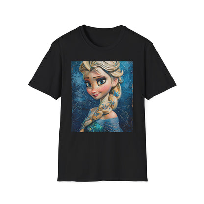 Frozen Majesty: The Enchanting Embrace of Elsa | T-Shirt | Arendelle's queen, Disney's princess, Elsa's art, Fairytale fashion, Frozen painting, Ice palace inspiration, Magic and flowers, Snowflakes and colors, Winter wonderland | Prints with Passion