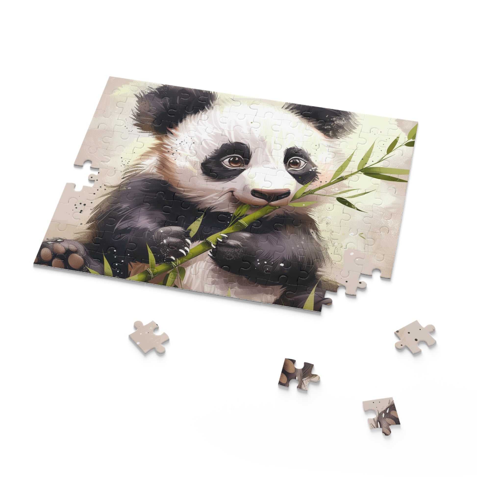 "Panda Feast Jigsaw Puzzle - A heartwarming scene of a cute panda eating bamboo. Perfect for animal lovers and puzzle enthusiasts."