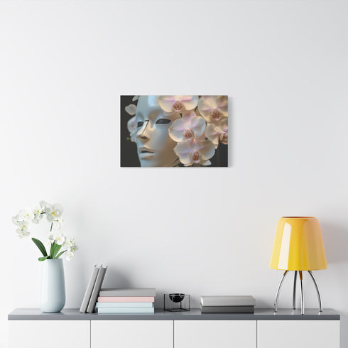Robot Face Blooming with Orchids — Canvas Wall Art — Kiln-Dried Pine Frame & Ready-to-Hang Back View