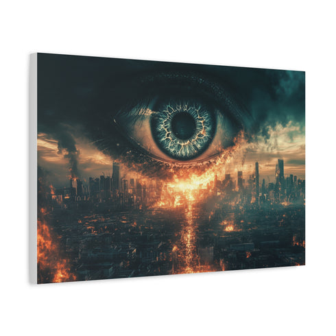 Giant Eye above a Burning City Stretched Canvas Wall Art