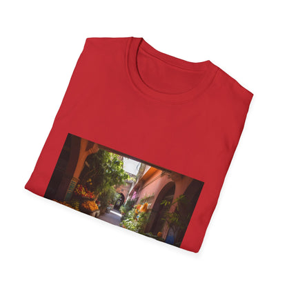 "Colorful Marrakech-inspired T-shirt capturing the vibrant soul of the city's markets and gardens, transporting you to the warmth and spices of Morocco's enchanting atmosphere"