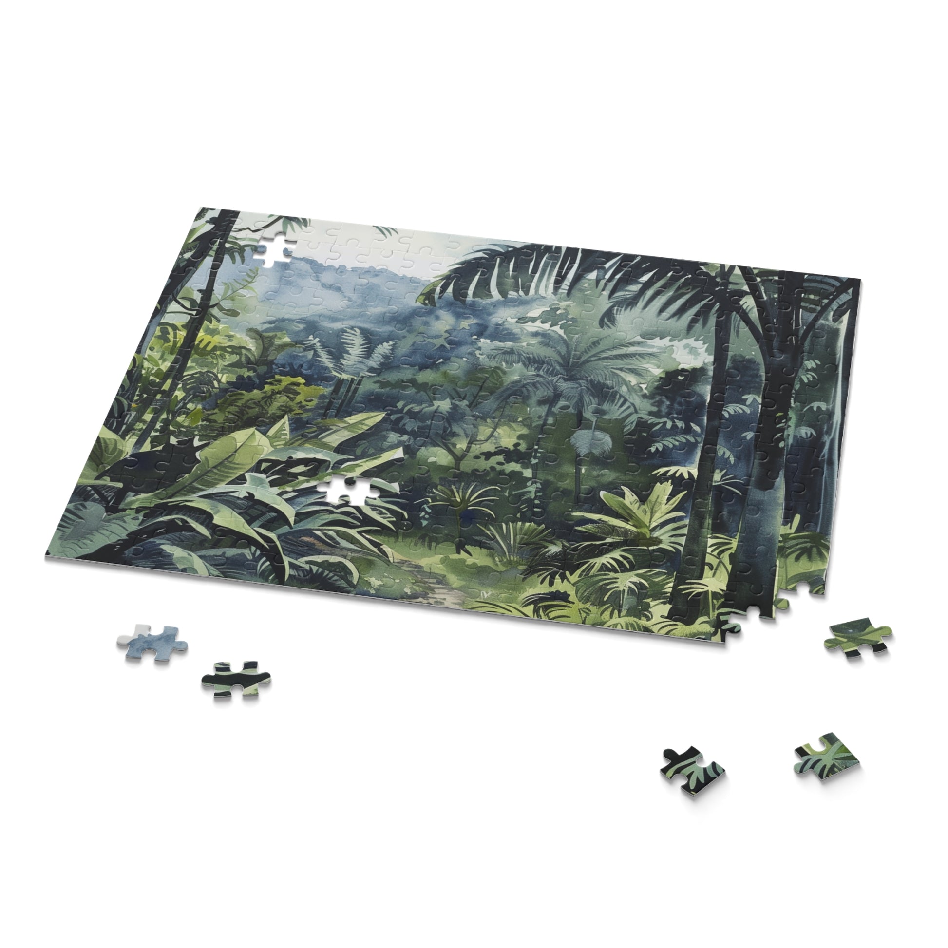 Congo Rainforest Watercolor Puzzle - Experience lush greenery and exotic wildlife in intricate detail.