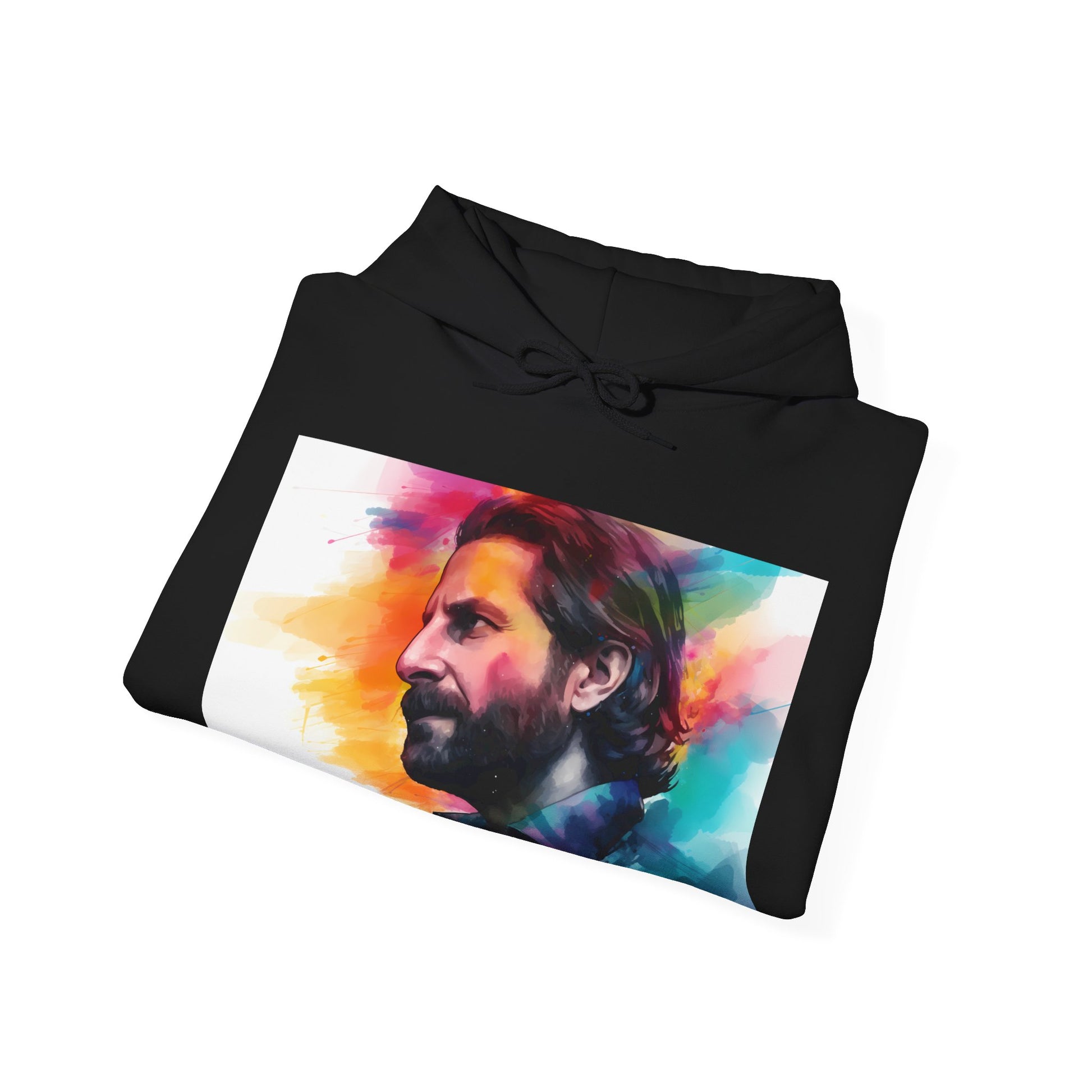 Alt text: "A Star is Born Watercolor Hoodie featuring vibrant neon hues, inspired by Bradley Cooper's performance in the movie. Soft and comfortable fabric, perfect for all seasons. Great gift idea. Shop more at BenCPrints."