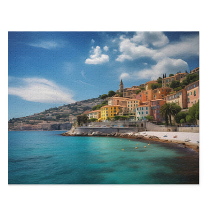 Vibrant French Riviera jigsaw puzzle for travel lovers - scenic coastline and charming villages. Perfect for puzzle enthusiasts.