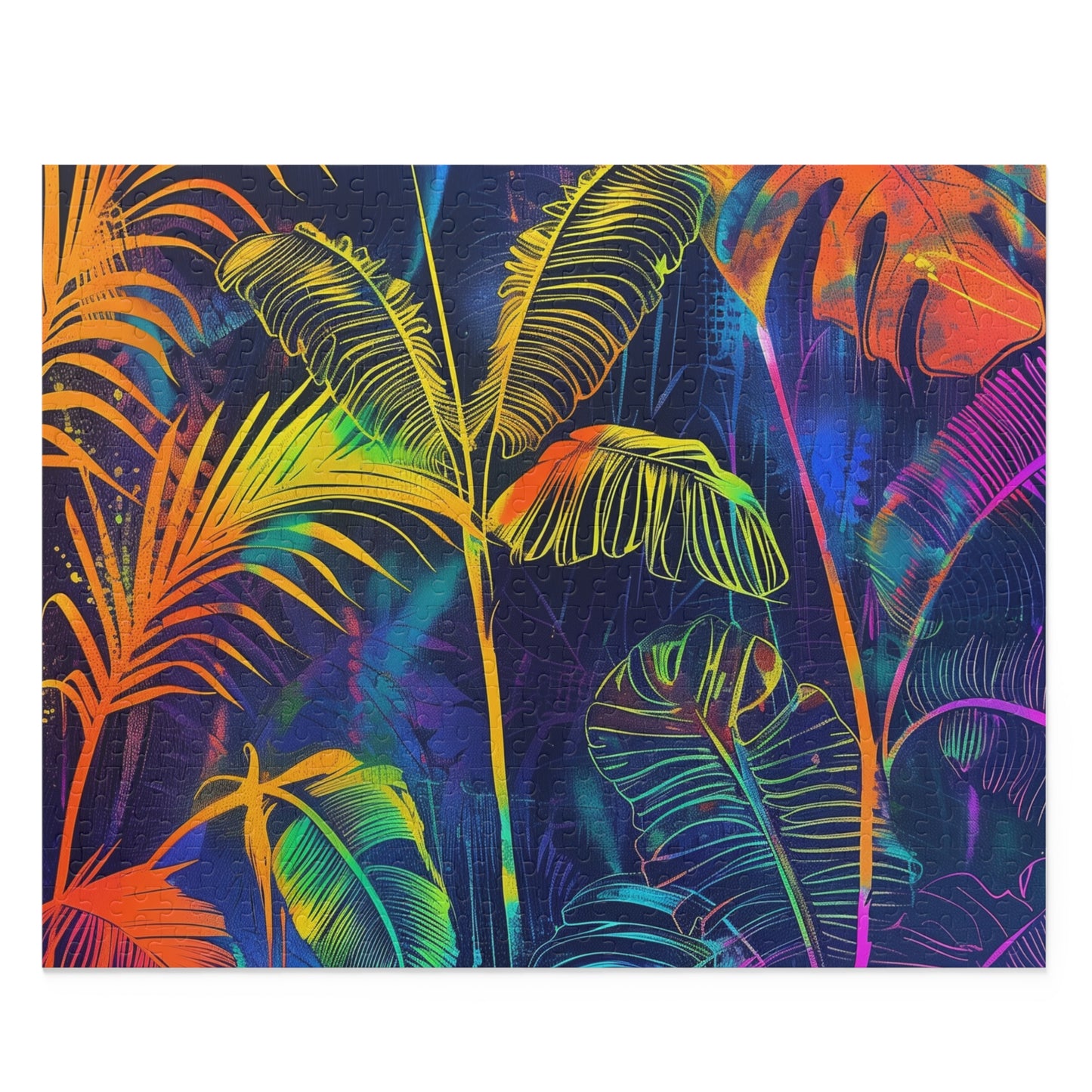 Neon Tropical Paradise jigsaw puzzle with vibrant colors and lush palm trees, perfect for escaping to a tropical getaway.