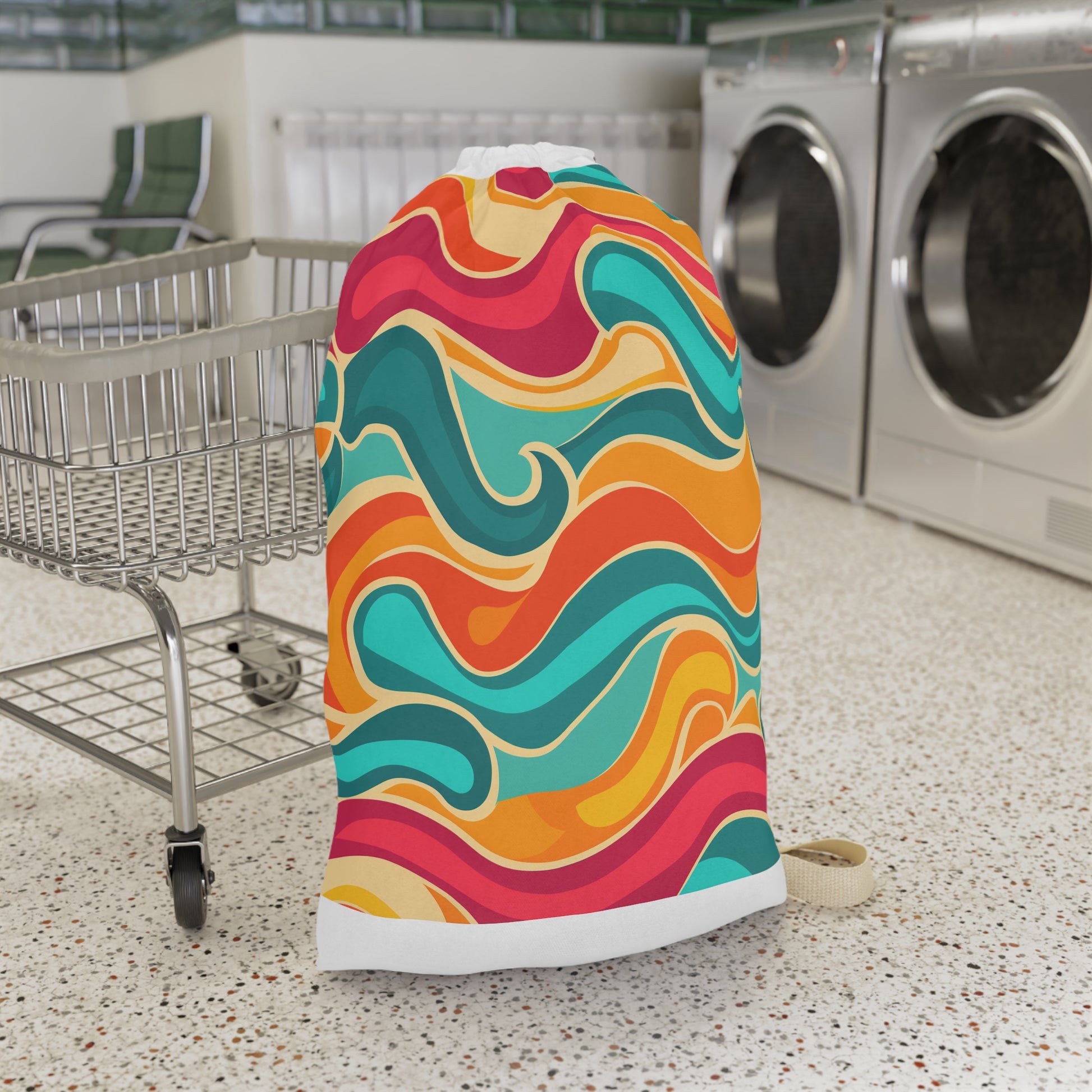 "Retro Waves Laundry Bag - Stylish and vibrant laundry bag with seamless pattern for household chores"