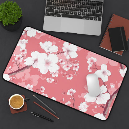 "Cherry Blossom Desk Mat for Elegant Workspace Protection - Pink and White Pattern"