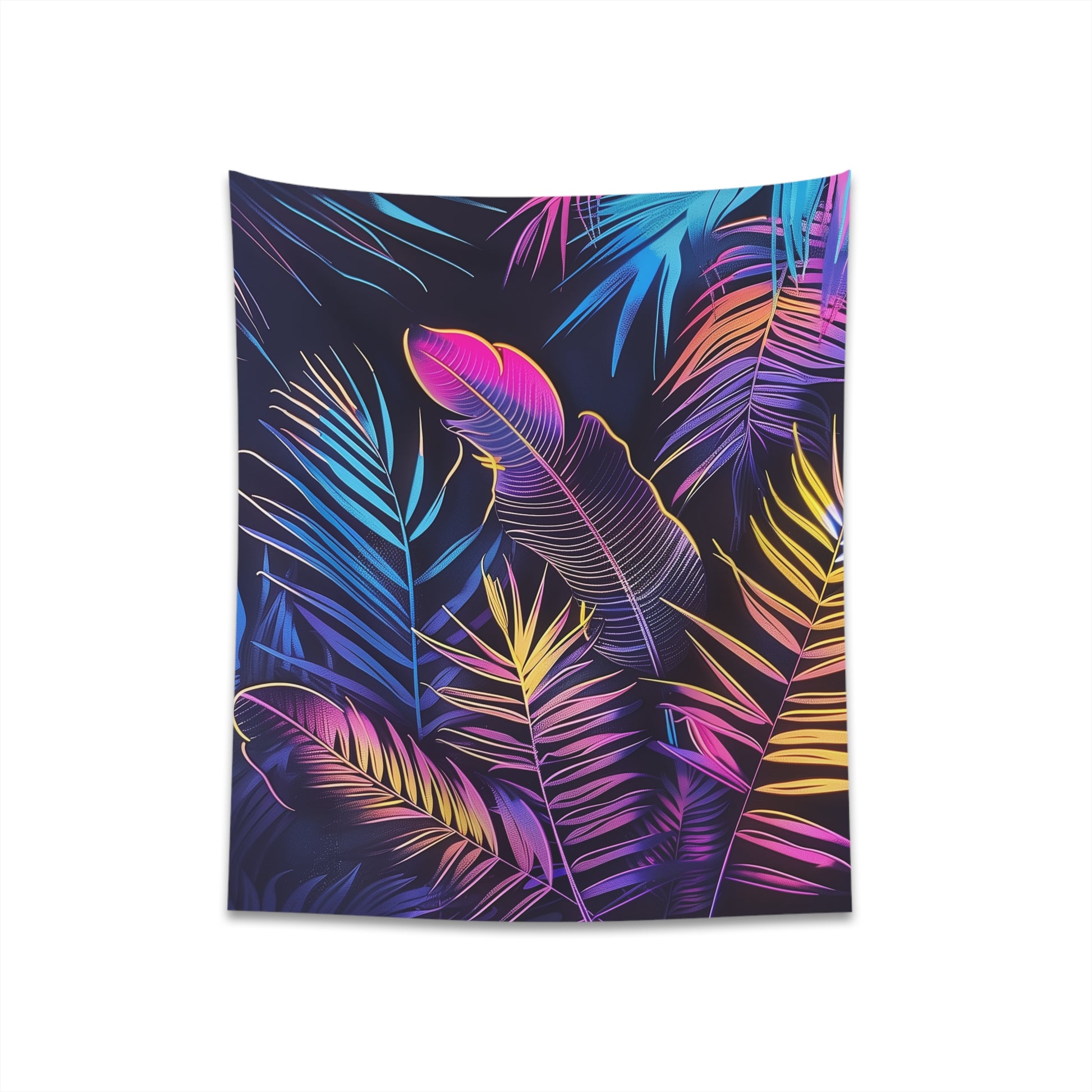 "Neon Tropical Tapestry - Vibrant Palm Trees & Exotic Leaves Illuminated in Neon Glow - High-Quality Material - Perfect for All Seasons - Makes a Great Gift - Available in 2 Sizes - BenCPrints"