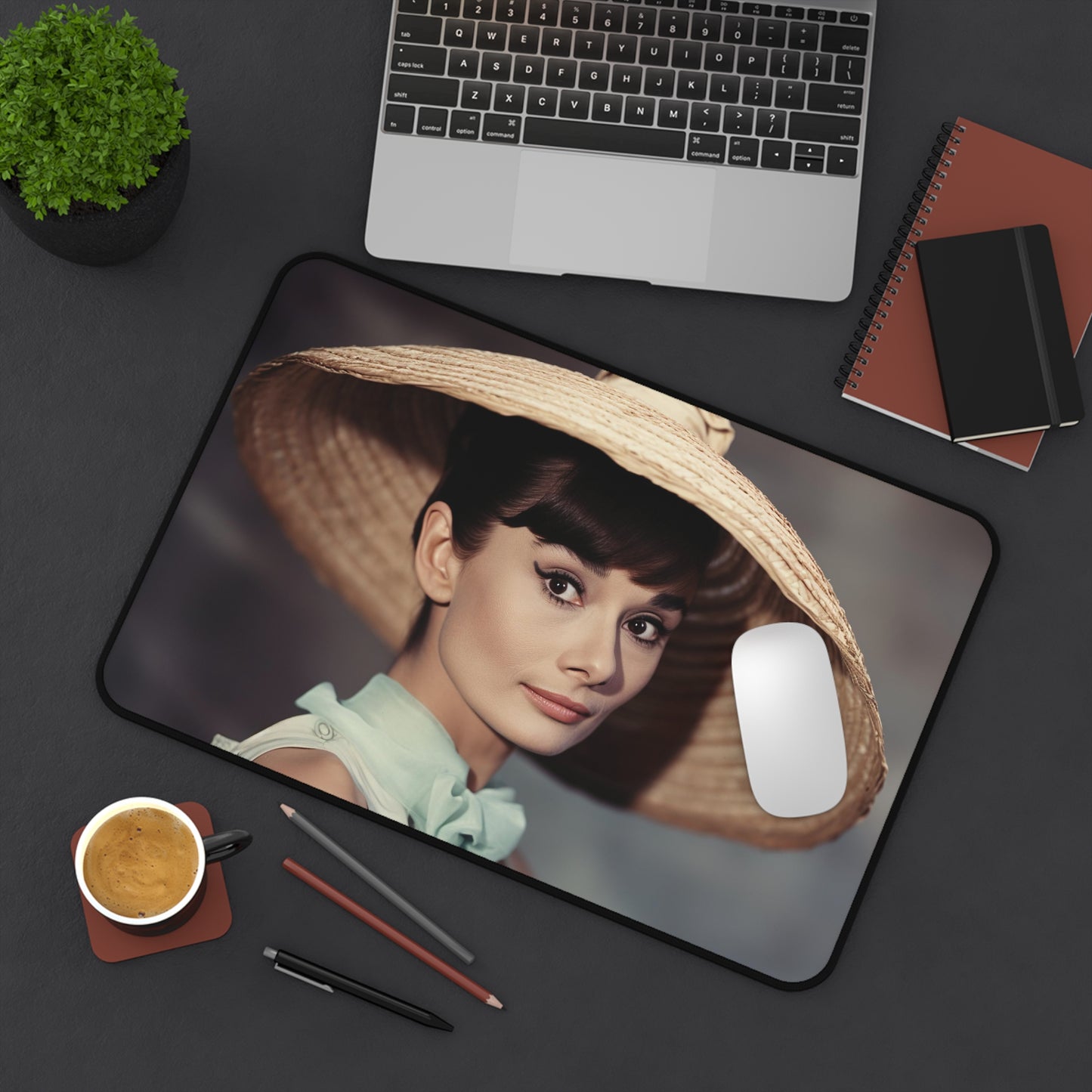 Vintage Audrey Hepburn Desk Mat - Elevate your workspace with this chic and elegant desk accessory. Perfect for a stylish office vibe.