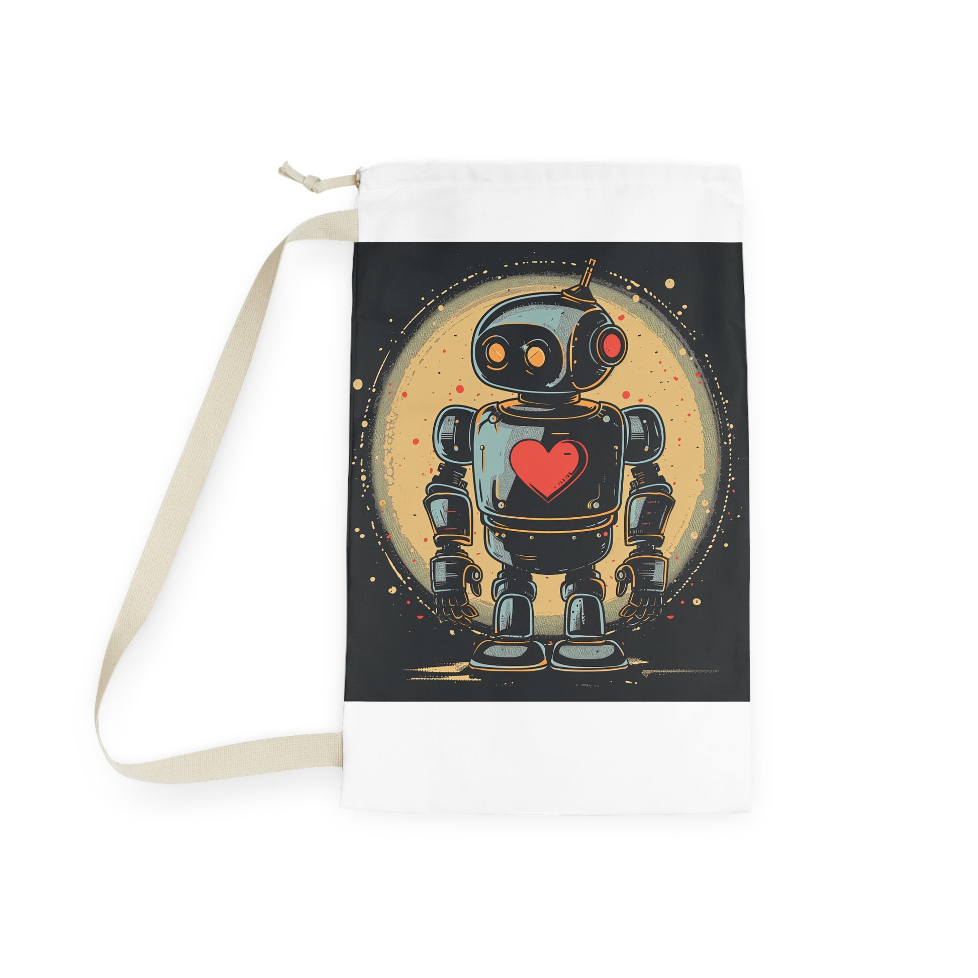 "Retro Robot Heart Laundry Bag - Keep your laundry organized in style with this adorable and functional bag"