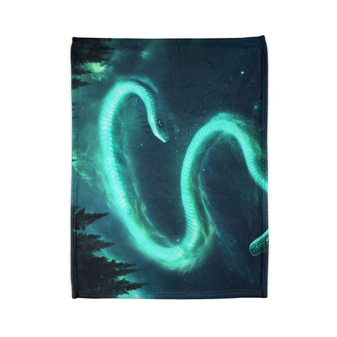 Aurora in Shape of Serpent Above Forest — Plush Fleece Throw Blanket — Folded Plush Blanket Detail