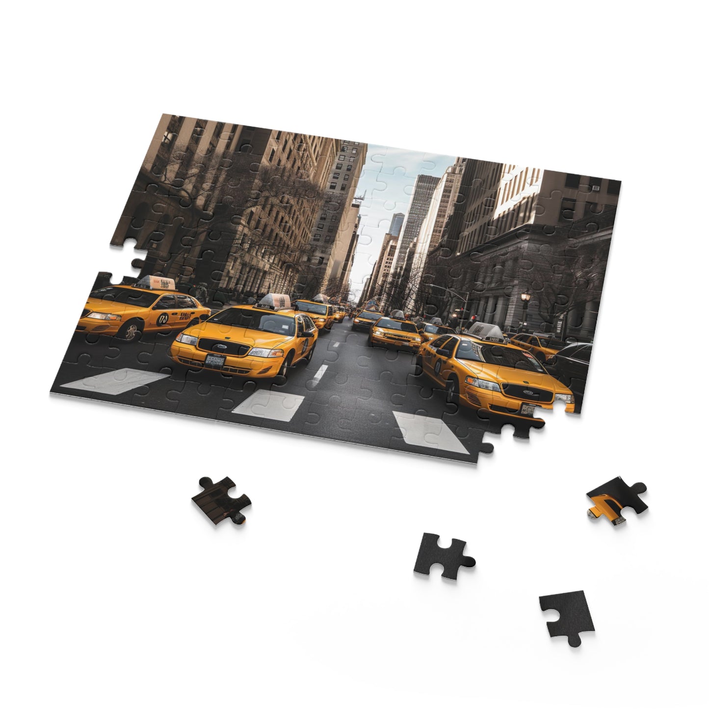 Vibrant NYC Cab Chaos jigsaw puzzle with iconic yellow cabs in bustling cityscape.