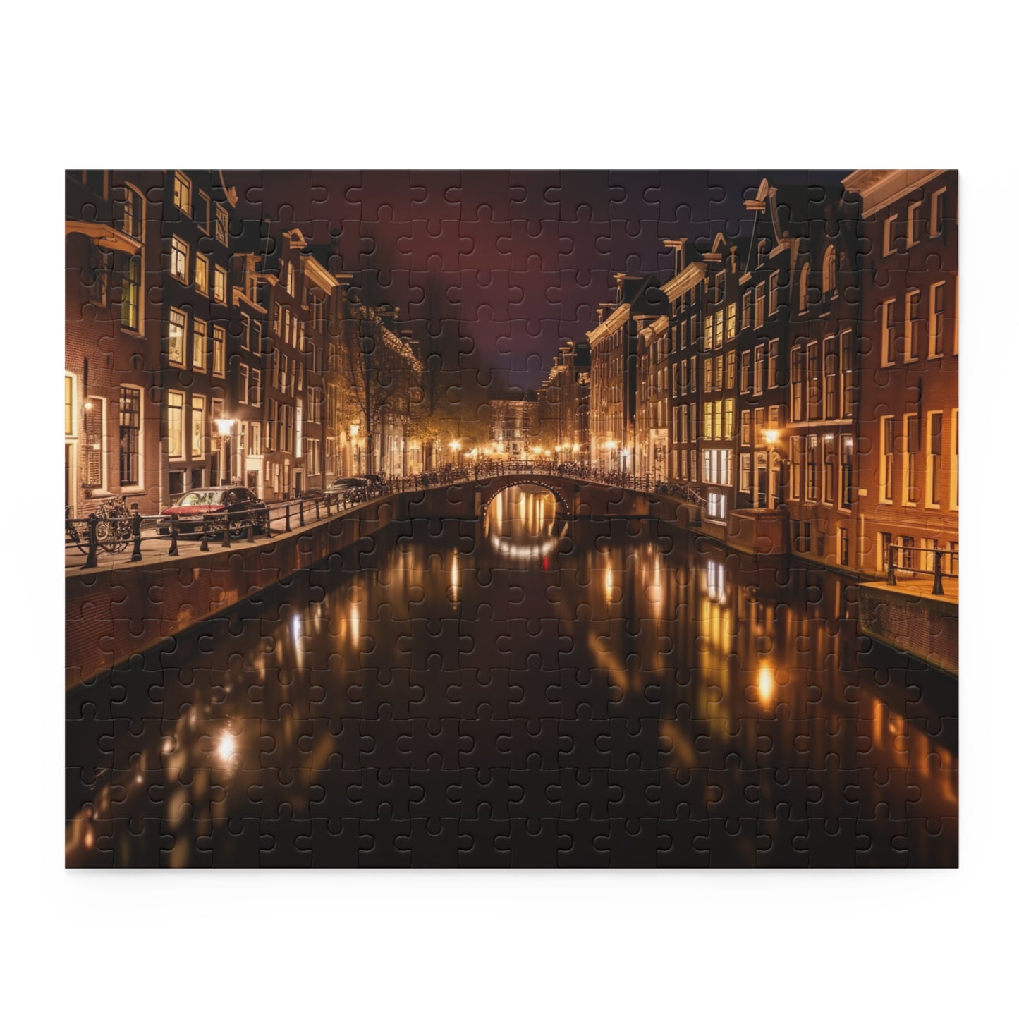 "Amsterdam Canals Night Puzzle - Captivating jigsaw of iconic cityscape at night"