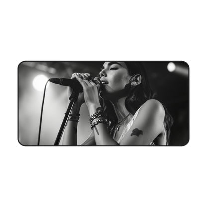 Stylish Dua Lipa desk mat with pop star energy, featuring Dua Lipa singing on stage. Stay inspired and organized while working!