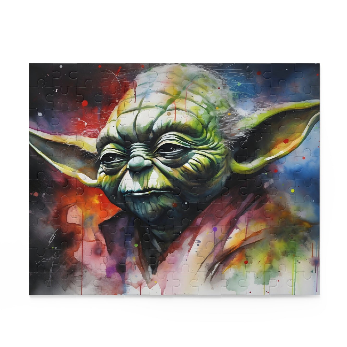 "Yoda Neon Watercolor Puzzle - Vibrant Star Wars jigsaw for fans, challenge your mind with neon colors"