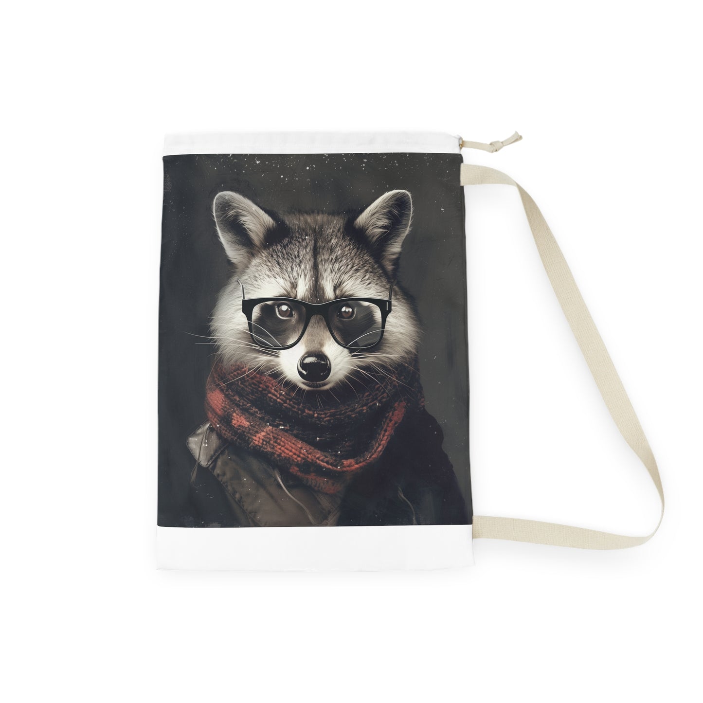 "Raccoon hipster laundry bag with cute design, perfect for trendy homes"