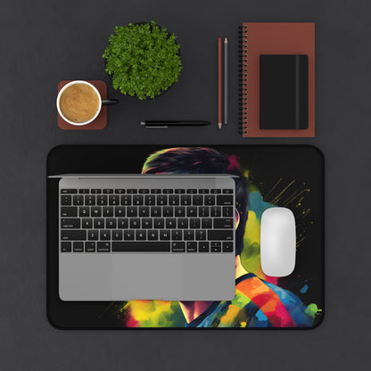 "Vibrant Messi watercolor neon desk mat, perfect for adding color to workspace"