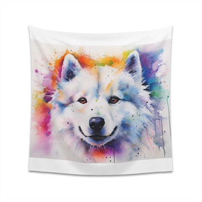 "Samoyed Charm Tapestry: Fluffy White Dog Smiling Brightly, Perfect for All Seasons | High-Quality Material, Great Gift"