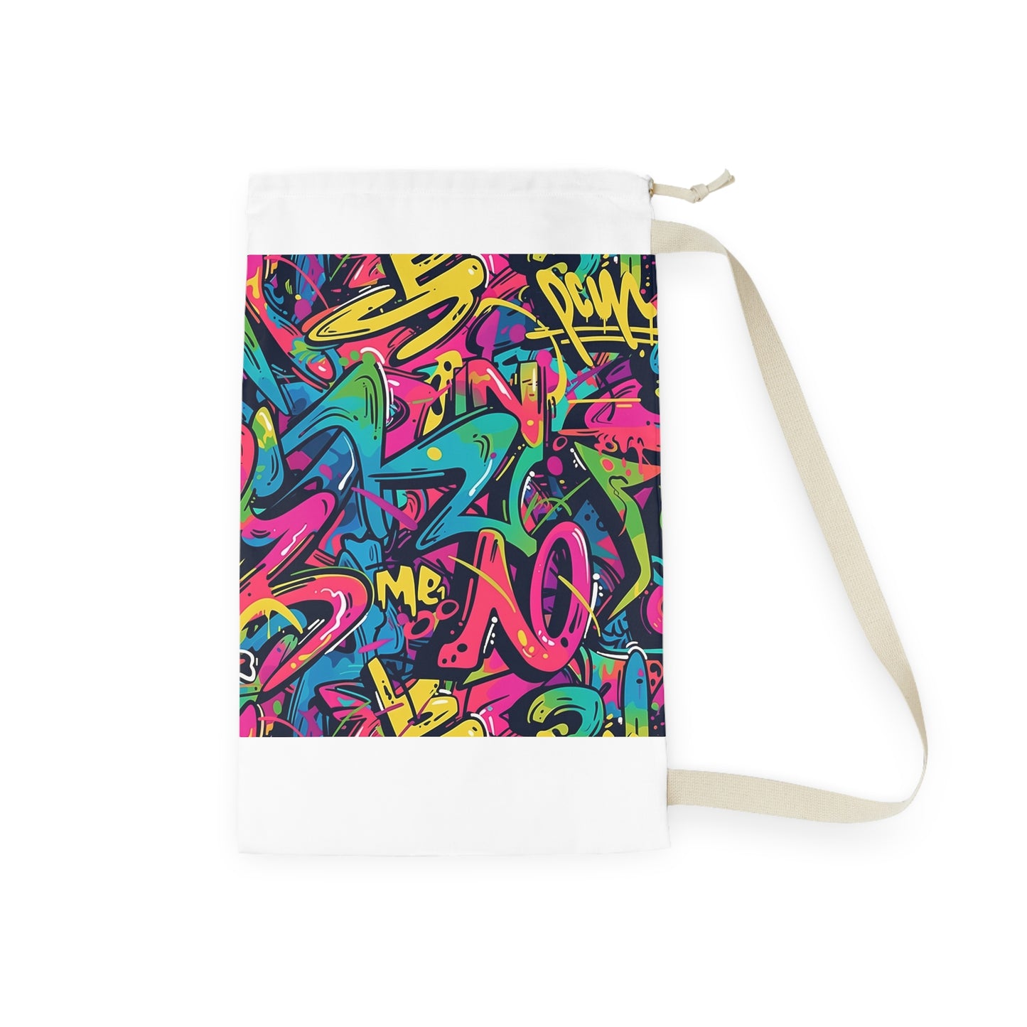 "Neon graffiti laundry bag with vibrant urban pattern for style in laundry routine"