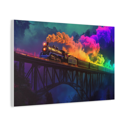 Ghostly Train Crossing Rainbow Bridge — Canvas Wall Art — Side Profile & Stretched Corner Detail