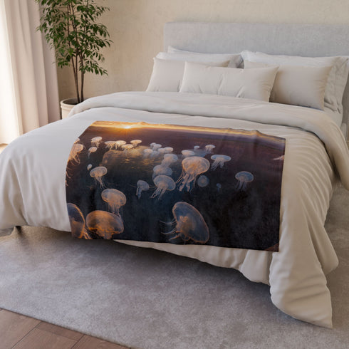 Sunset Canyon with Floating Bioluminescent Jellyfish — Plush Fleece Throw Blanket — Product Detail View 6