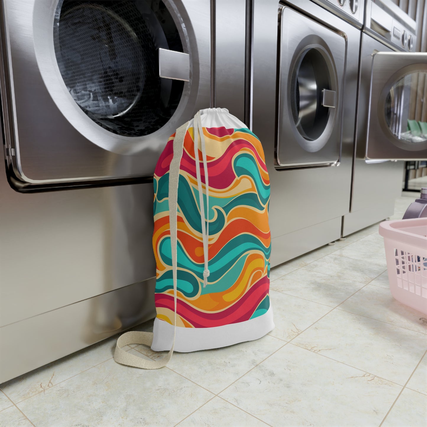 Retro Waves laundry bag with vibrant colors and seamless pattern for stylish laundry transport.