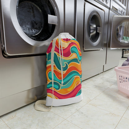 Retro Waves laundry bag with vibrant colors and seamless pattern for stylish laundry transport.