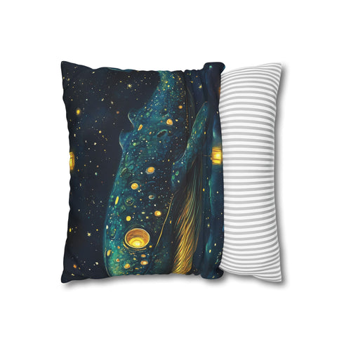 Space Whale with Lantern Eyes — 40×40 Cushion Cover — Soft Brushed Fabric Texture Close-Up