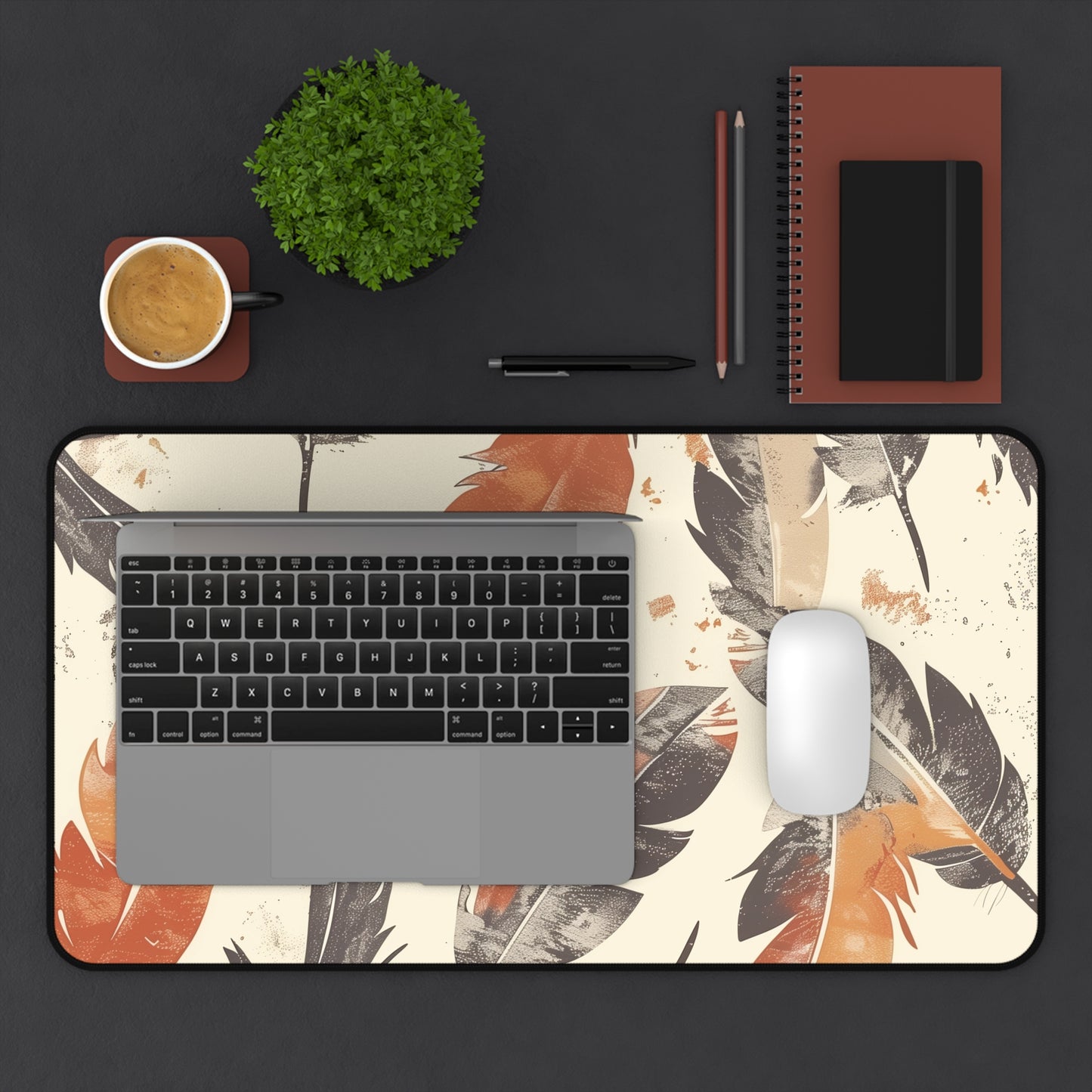 "Boho Feathers Desk Mat - Stylish earthy tones seamless pattern for bohemian charm"