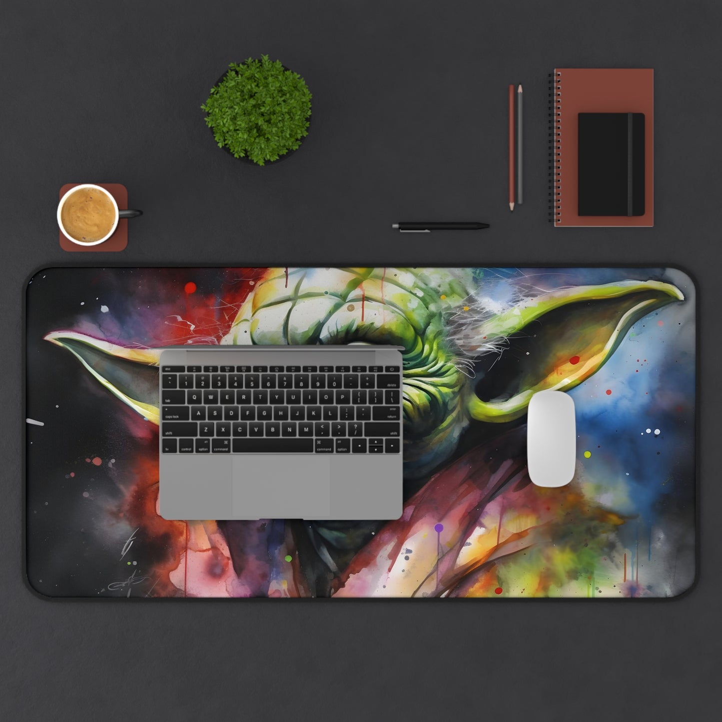 "Vibrant Yoda Neon Watercolor Desk Mat for Star Wars Fans"