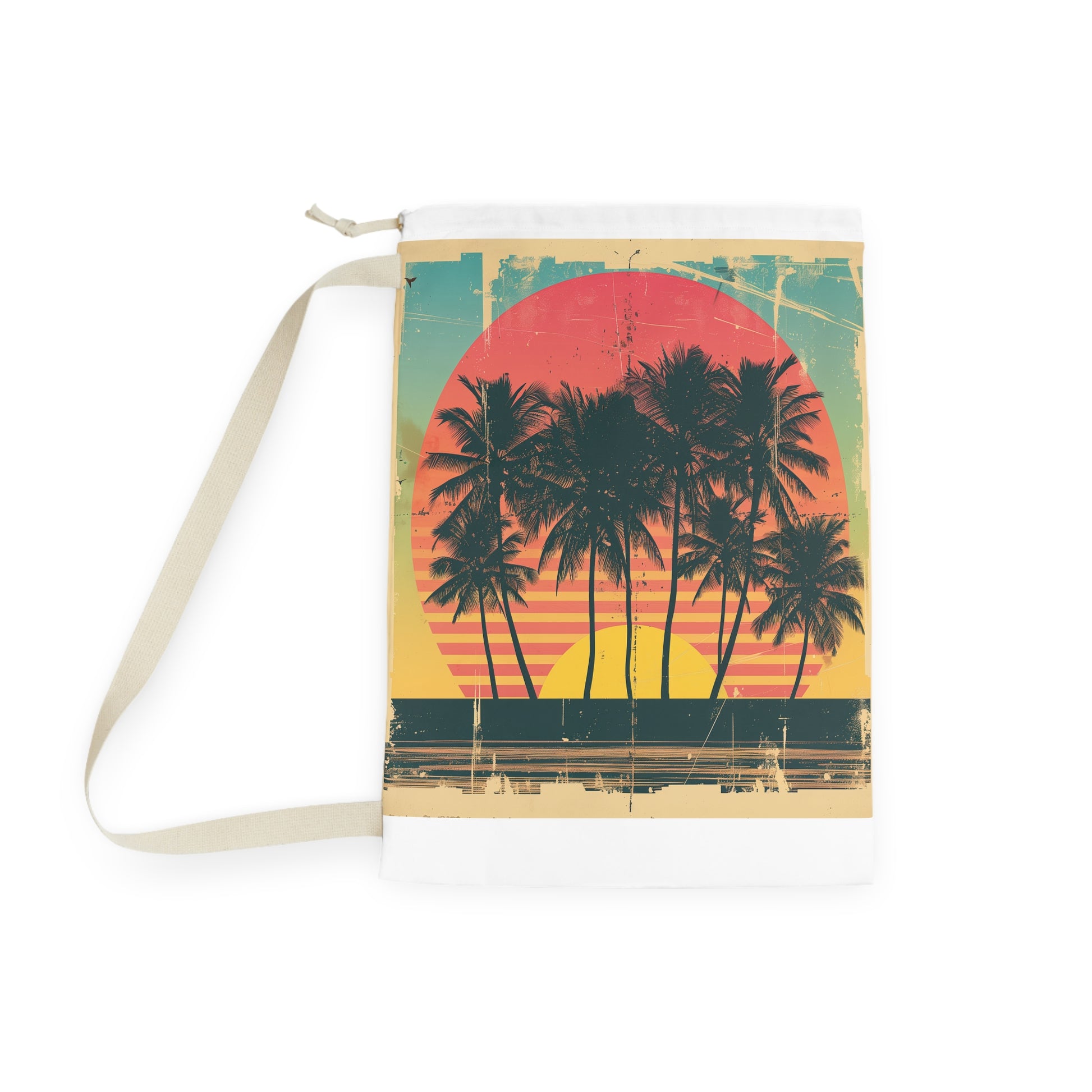 Retro Sunset Palm Tree Laundry Bag - Keep laundry organized in style with vibrant palm trees. Transport yourself to a tropical paradise with this must-have accessory.