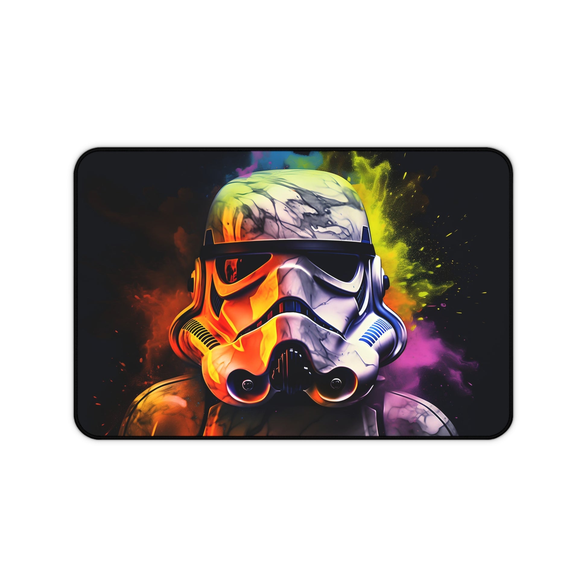 Neon Storm Trooper Desk Mat with vibrant watercolor hues, perfect for Star Wars fans.