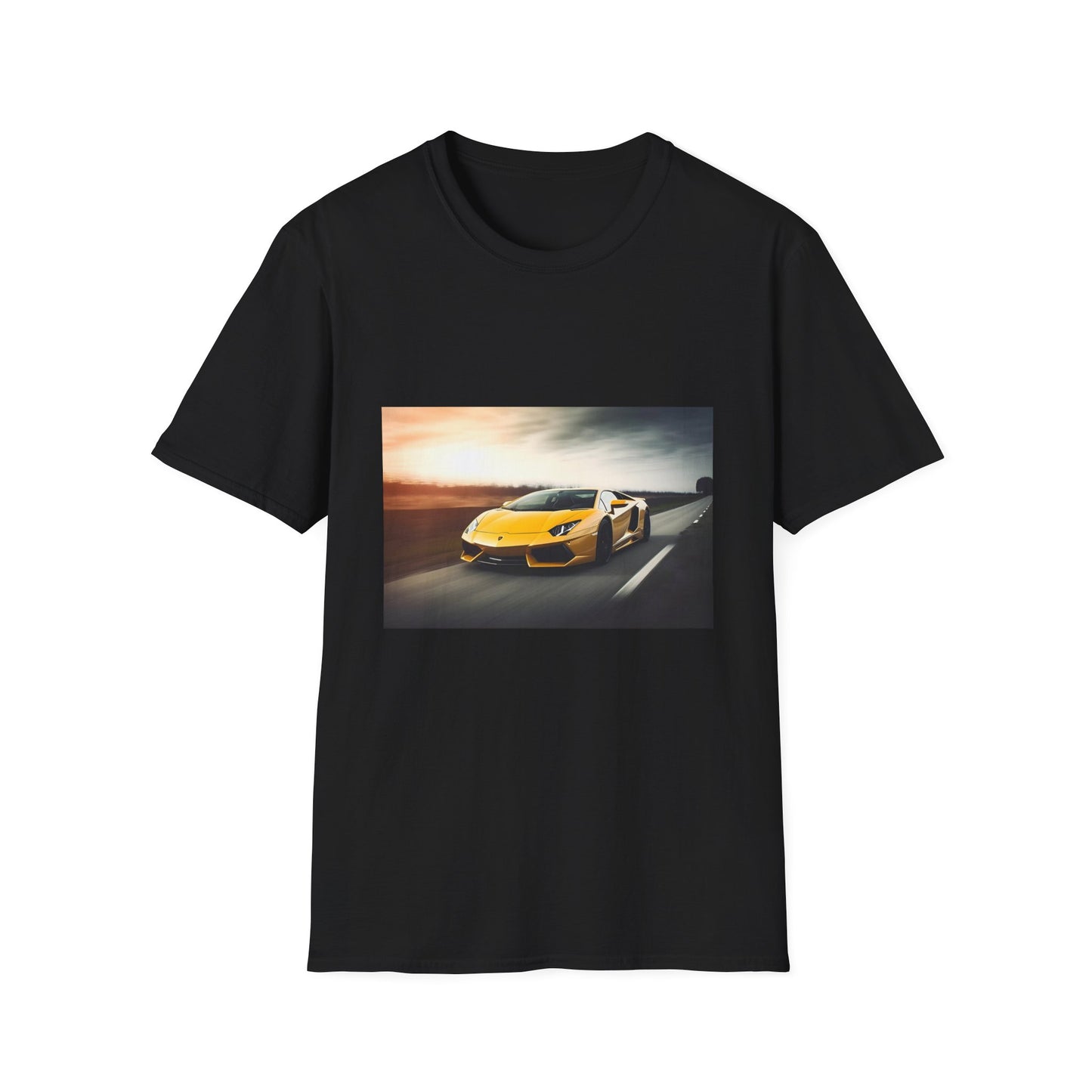 "Adrenaline Rush on Four Wheels T-shirt featuring a vibrant Lamborghini mid-race design, embodying speed and power"