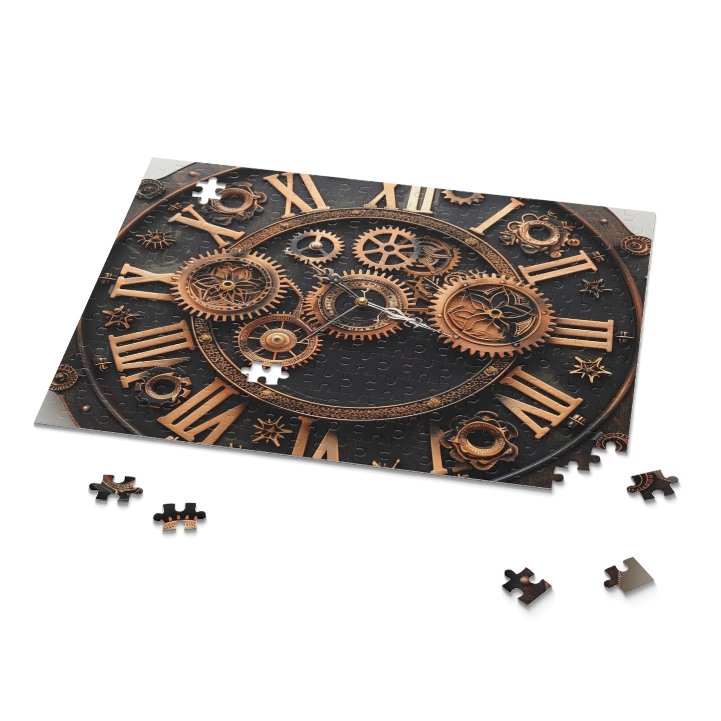 "Steampunk Gear Clock Puzzle - Dive into intricate gears and cogs in this time-themed jigsaw"