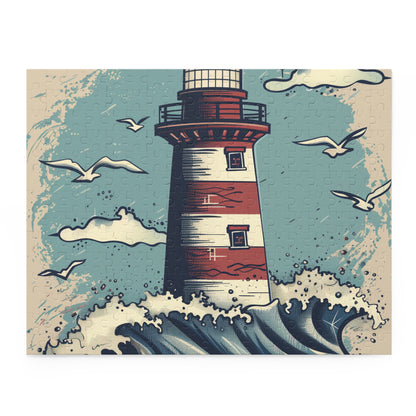 "Relaxing Lighthouse Waves Jigsaw Puzzle - Hand-drawn design of serene lighthouse amidst crashing waves, perfect for unwinding"