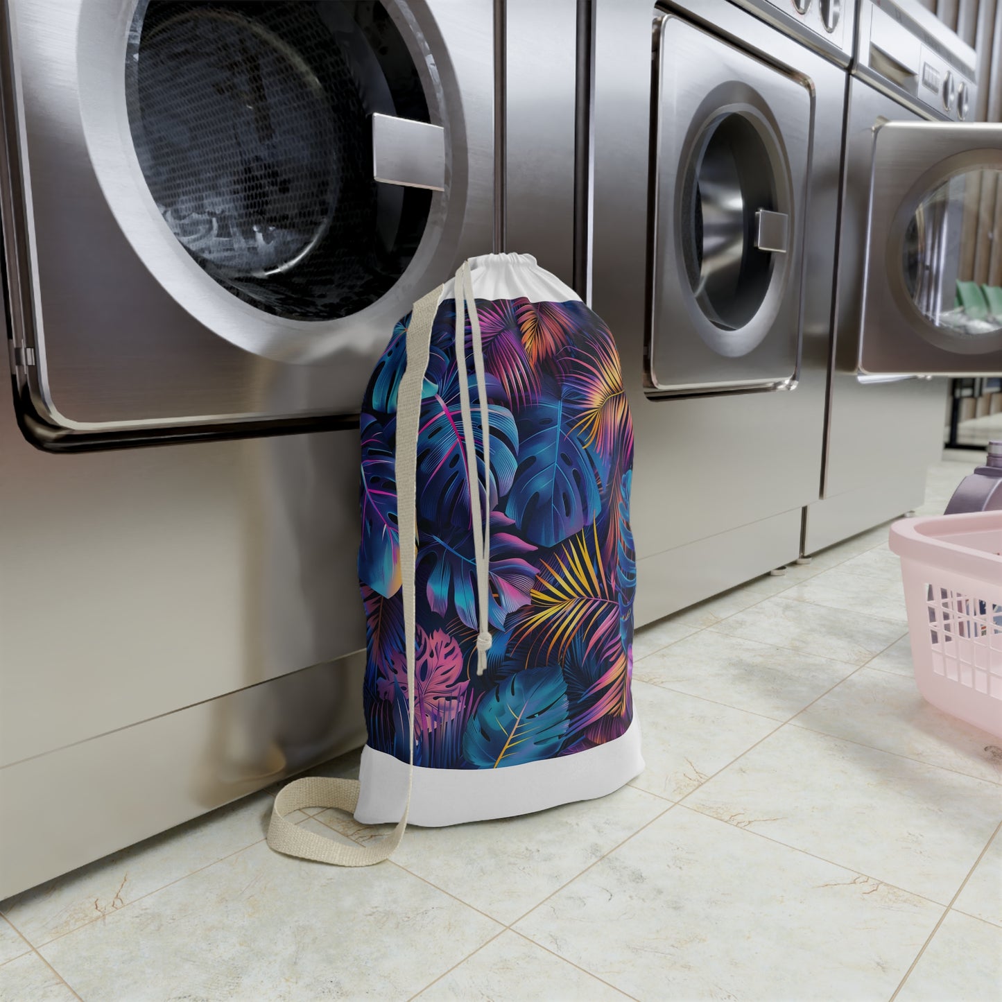 "Stylish Tropical Leaf Laundry Bag - Neon palm tree design for organized laundry routine"