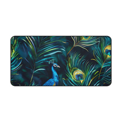 "Vibrant Blue Peacock Feather Desk Mat - Add elegance to workspace with striking hues of blue feathers"