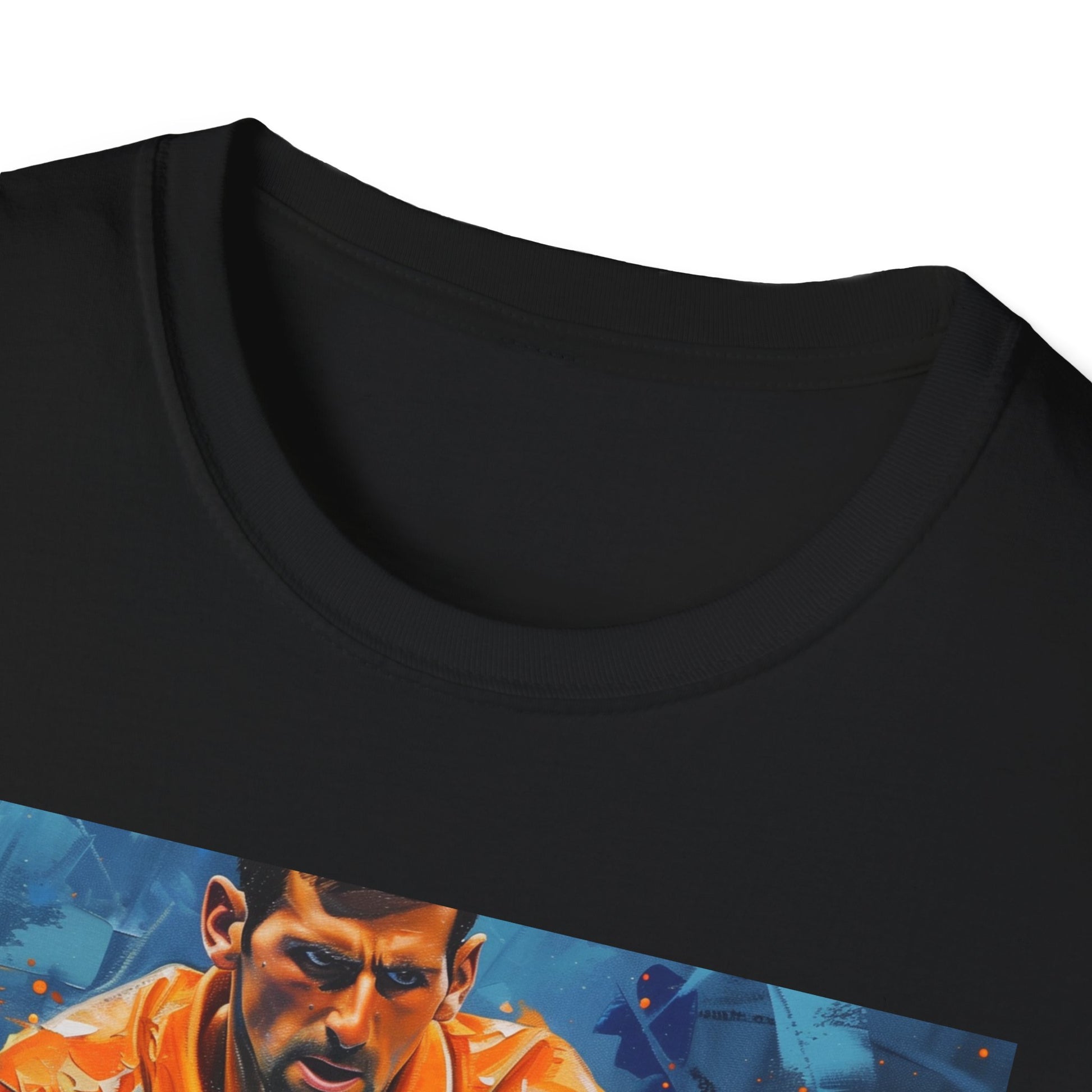 Alt text: "Ace of the Court: The Unrivaled Mastery of Djokovic Painting T-shirt - A vibrant tee featuring a stunning portrait of tennis legend Djokovic, capturing his skill and determination with soft brushstrokes and dynamic colors."