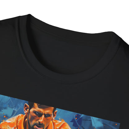 Alt text: "Ace of the Court: The Unrivaled Mastery of Djokovic Painting T-shirt - A vibrant tee featuring a stunning portrait of tennis legend Djokovic, capturing his skill and determination with soft brushstrokes and dynamic colors."