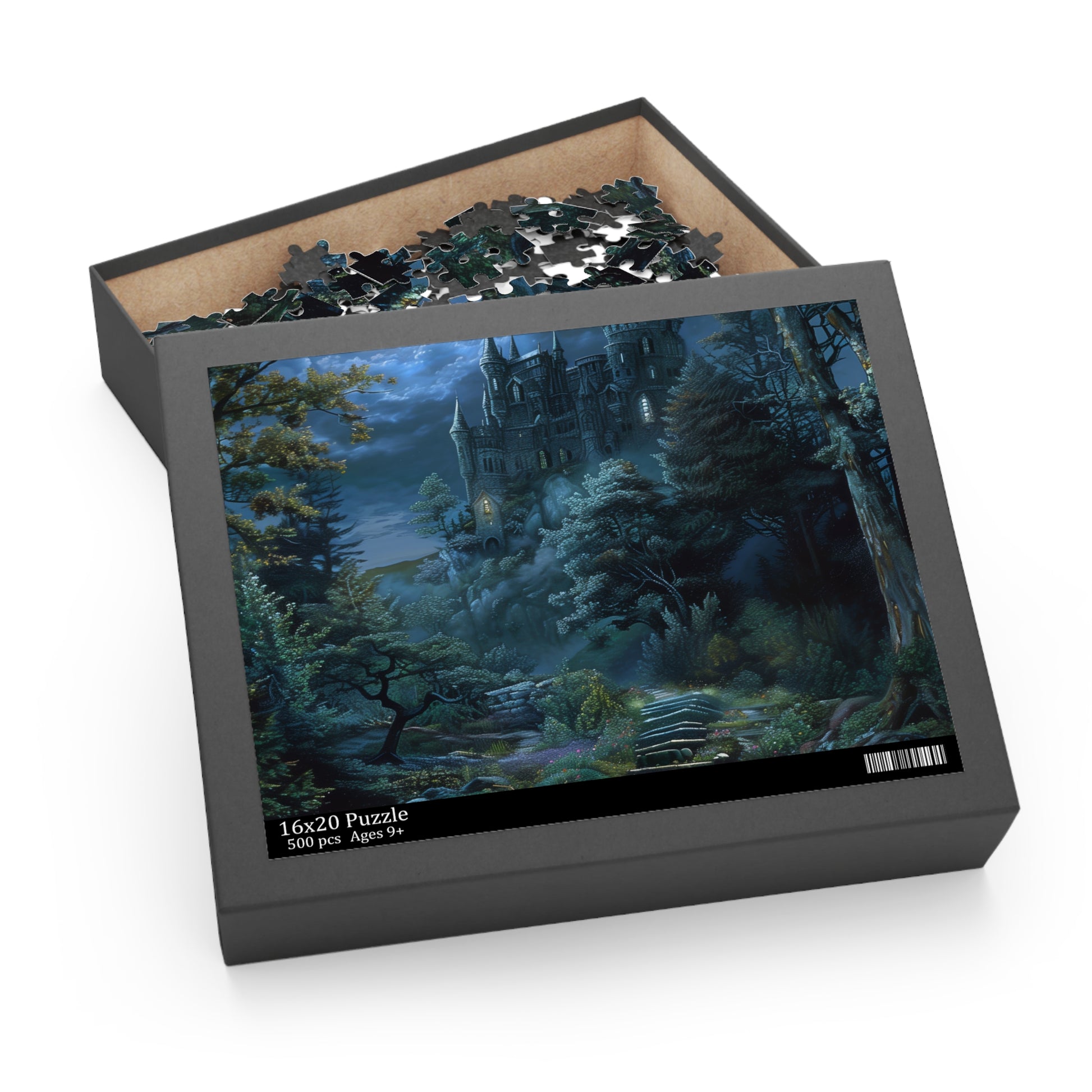 Moonlit Forest Fantasy Castle Jigsaw Puzzle - Enchanting moonlit forest scene, perfect for fantasy lovers.