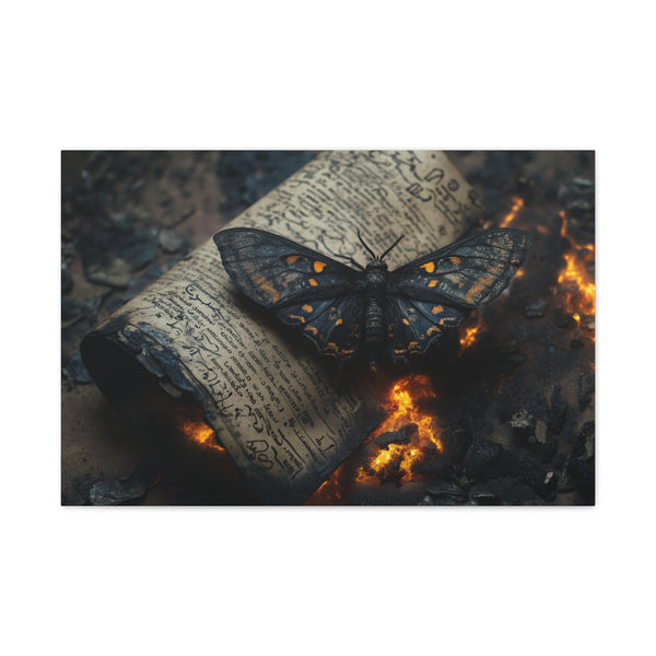 Lava Moth Resting on Burning Scroll — Canvas Wall Art — Living Room Wall Lifestyle View