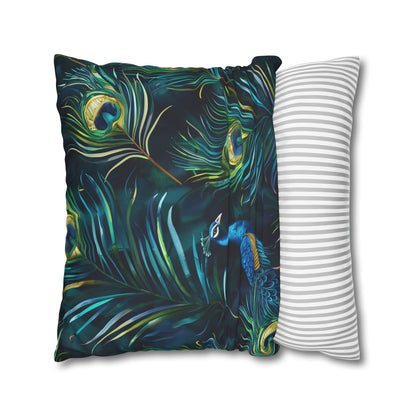 "Vibrant blue peacock feather pillowcase, elegant seamless pattern for luxurious bedroom décor"