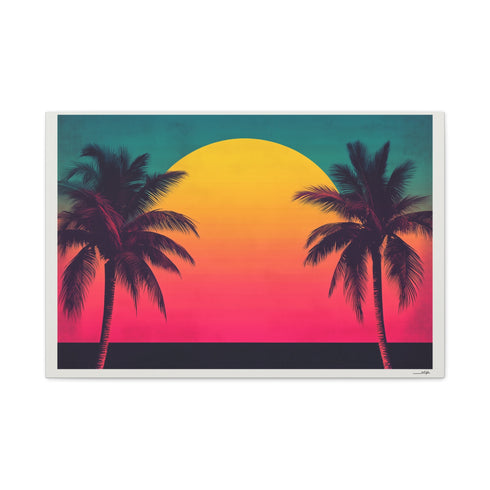 80s Retro Miami Neon Sunset — Canvas Wall Art — Living Room Wall Lifestyle View