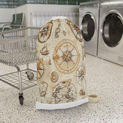 "Vintage Maps Print Laundry Bag - Intricately detailed world maps pattern for travel lovers"