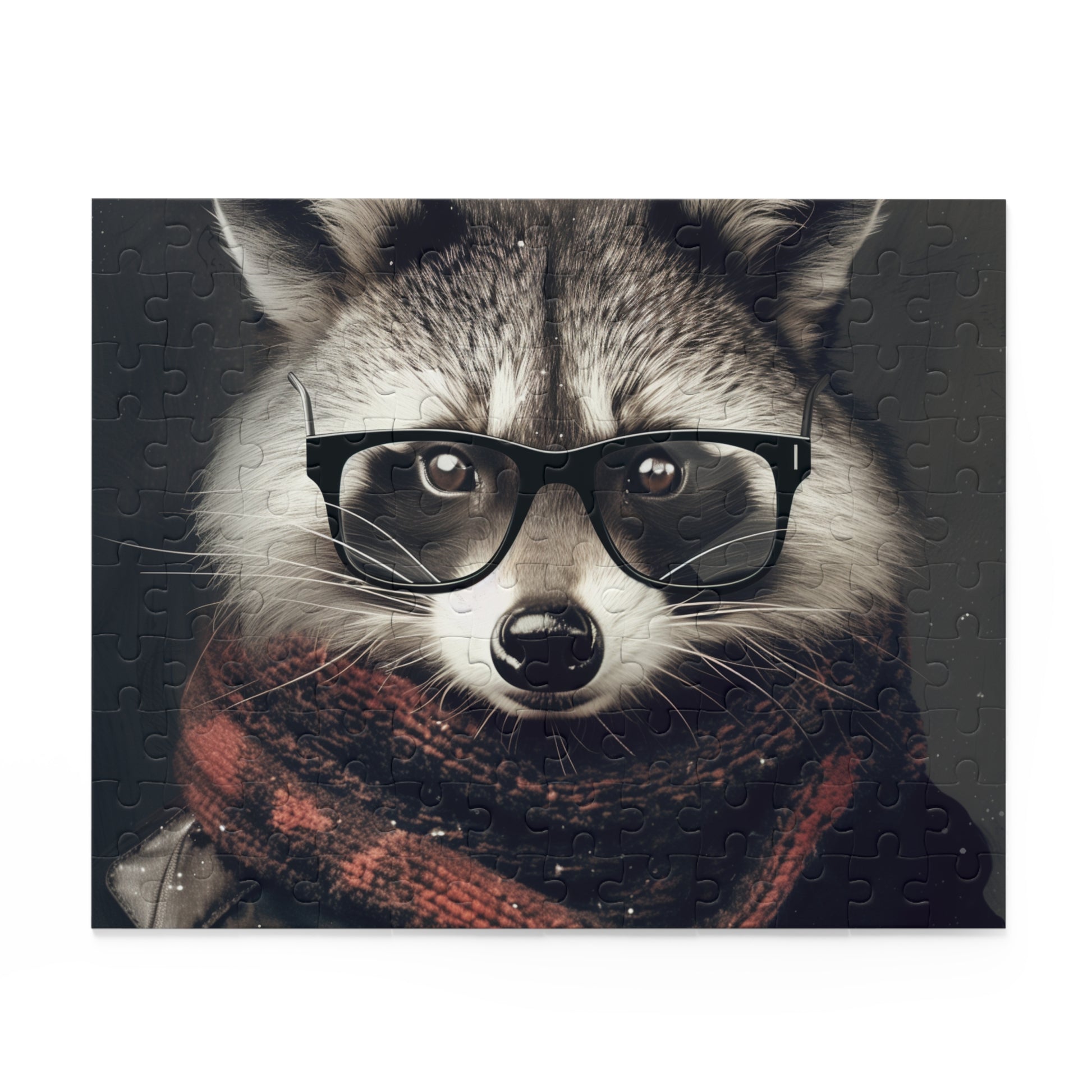 "Whimsical raccoon wearing glasses jigsaw puzzle, perfect for trendy puzzle enthusiasts"